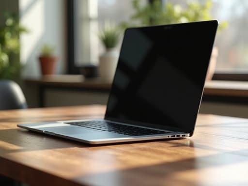 현대적인 사무실 책상 위에 세련된 노트북이 놓여져 있는 전문적이고 아늑한 분위기.