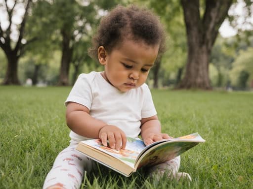 한적한 공원에서 푸른 잔디 위에 앉아 있는 혼혈 1세 아기 여자의 반신 촬영. 편안한 티셔츠와 레깅스를 입고 있으며, 들고 있는 작은 동물 그림책을 지루한 표정으로 바라보고 있다. 고개를 갸우뚱하며 책을 바라보는 모습으로, 배경에는 푸른 잔디와 나무가 있어 평화롭고 매력적인 분위기를 연출하고 있다.