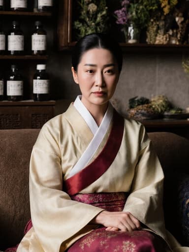40대 유럽계 여성이 전통 한복을 입고 소파에 앉아 팔짱을 끼고 있는 반신 사진입니다. 그녀는 자연스러운 외모를 가지고 있으며 약간 불안한 표정을 짓고 있습니다. 배경은 약초와 한약재가 깔끔하게 진열된 전통적인 한방 조제실로, 문화적으로 풍부한 분위기를 자아냅니다.