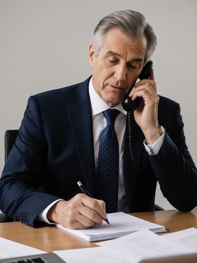 50대의 유럽계 남성이 정장과 넥타이를 매고 회의 테이블에 앉아 열정적으로 대화에 몰입하며 메모를 하고 있는 반신 사진. 자연스러운 외모와 집중한 표정이 전문성과 헌신을 전달합니다.