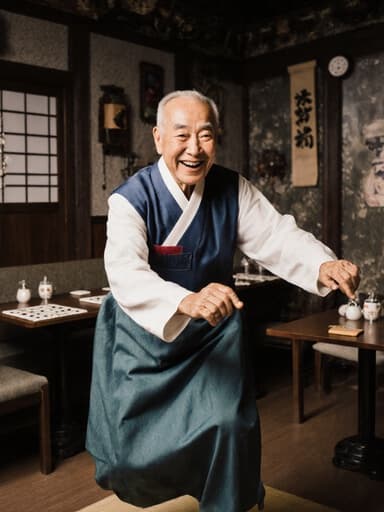 아늑한 카페 내부에서 전통 놀이에 참여하며 점프하는 70대 동양인 남성이 전통 한복을 입고 따뜻하게 미소 짓고 있는 전신 사진으로, 전통 소품들이 장식된 분위기가 문화적 느낌을 더해줍니다.