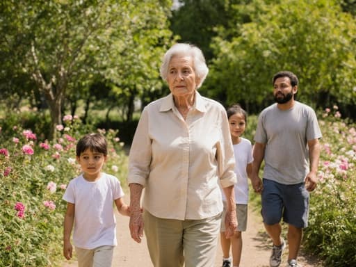 70세의 라틴계 여성이 편안한 복장을 하고 가족과 함께 푸르른 공원에서 걷고 있으며, 자연스러운 외모와 무관심한 표정을 지니고 있습니다. 주위는 푸르른 나무와 다채로운 꽃들로 가득 차 있습니다.