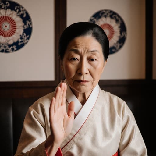 70대 백인 여성의 반신 사진으로, 자연스러운 외모를 지니고 있으며 전통적인 한국 의상인 한복을 착용하고 있습니다. 그녀는 걱정스러운 표정을 지으며 인사하는 자세로 손을 가볍게 들어 올리고, 전통 문양으로 장식된 전통 카페의 배경 속에 위치하고 있습니다.