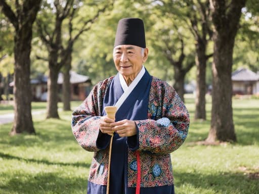 70대의 자연스러운 외모를 가진 한국 남성이 전통 한복을 입고 있는 반신 사진입니다. 그는 편안하고 평온한 자세로 전통 놀이 도구를 손에 들고 있으며, 전통 놀이를 즐기기 위해 기다리고 있는 모습입니다. 배경은 푸른 나무와 잔디가 있는 아늑한 공원으로, 자연 속에서 전통 활동을 즐기는 본질을 강조하는 조화로운 분위기를 만들어냅니다.