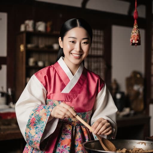 10대 후반의 한국인 여성이 밝은 전통 한복을 입고 즐겁게 웃으며 나무 숟가락을 들고 전통 한국식 주방에서 요리하는 모습의 반신 사진. 주방은 나무 가구와 고전적인 장식으로 가득 차 있습니다.