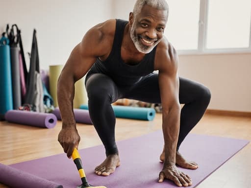 50대 흑인 남성이 편안한 요가복을 입고 요가 매트를 청소하며 활기찬 표정을 짓고 있는 반신 촬영입니다. 다양한 요가 매트와 소품으로 가득 찬 밝고 아늑한 요가실 배경이 고요하고 초대하는 분위기를 더욱 돋보이게 합니다.