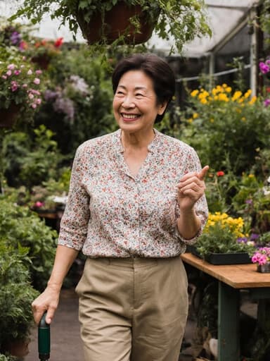 50대 아시아계 여성의 반신 사진으로, 꽃무늬 블라우스와 작업용 바지를 입고 정원 도구를 들고 긍정적으로 미소 짓는 모습이 아늑한 정원 카페의 푸른 식물들 속에서 포착되었습니다.