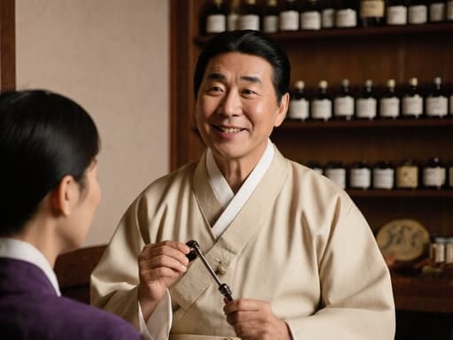 부드러운 색상의 전통 한복을 입고 행복하게 웃고 있는 40대 동양인 남성의 반신 사진. 그는 한의 진단 도구를 손에 들고 환자에게 설명하고 있으며, 한방 약재가 진열된 아늑한 상담실에서 따뜻하고 초대하는 분위기를 반영하고 있습니다.