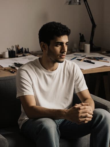 10대 후반의 라틴계 남성이 자연스러운 외모로 현대적인 소파에 앉아 있습니다. 편안한 티셔츠와 청바지를 입고 있으며, 책을 읽으며 고민하는 표정을 짓고 있습니다. 그의 주변은 디자인 도구와 스케치로 가득한 현대적인 디자인 스튜디오로, 창의성과 집중의 분위기를 더하고 있습니다.