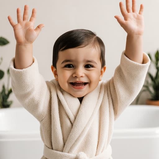 편안한 목욕용 로브를 입고 있는 1살 중동계 남아의 반신 사진으로, 손을 높이 들며 순수한 미소를 짓고 즐겁게 스트레칭하는 모습입니다. 배경은 욕조와 장식용 식물이 있는 밝고 아늑한 목욕실로, 따뜻하고 초대하는 분위기를 더합니다.