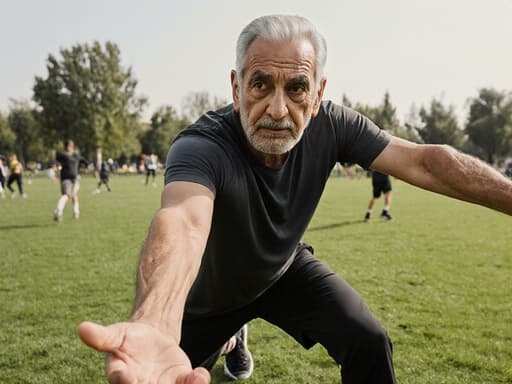 이 이미지는 80대 중동계 남성이 자연스러운 외모와 백발, 주름을 가진 모습으로 나타납니다. 그는 편안한 운동복을 입고 스트레칭을 하고 있으며, 걱정스러운 표정을 짓고 있습니다. 배경에는 푸른 잔디와 나무가 있는 공원이 보이며, 다른 사람들이 운동하는 모습이 함께 있어 커뮤니티와 건강한 삶의 분위기를 전달합니다.