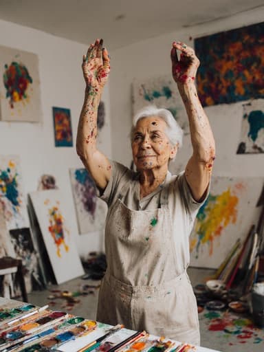 편안한 작업복을 입고 물감으로 더럽혀진 60세 라틴계 여성은 아트 스튜디오에서 다양한 작품과 흩어진 물감 도구들 속에서 작업 도구를 준비하며 팔을 스트레칭하고 있습니다. 그녀는 중립적이고 집중한 표정을 지어 창의성의 기운을 발산하고 있습니다.
