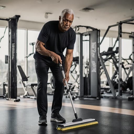50대 흑인 남성이 편안한 운동복을 입고 청소 도구로 헬스장의 바닥을 청소하는 모습이 반신으로 촬영되었습니다. 그의 피곤한 표정은 힘든 하루의 끝을 나타내며, 운동 기구가 배치된 깨끗한 헬스장 배경 속에서 진정성 있고 친근한 분위기를 만들어냅니다.