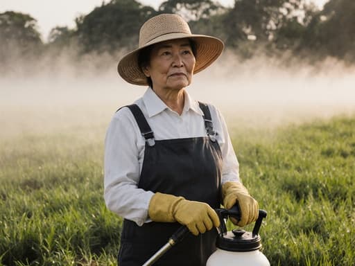 농부 작업복을 입고 농약 스프레이를 손에 들고 피곤한 표정으로 서 있는 50대 아시아계 여성의 반신 사진. 농장 근처의 나무들로 둘러싸인 농장 환경에서 힘든 하루의 끝을 느끼고 있습니다.