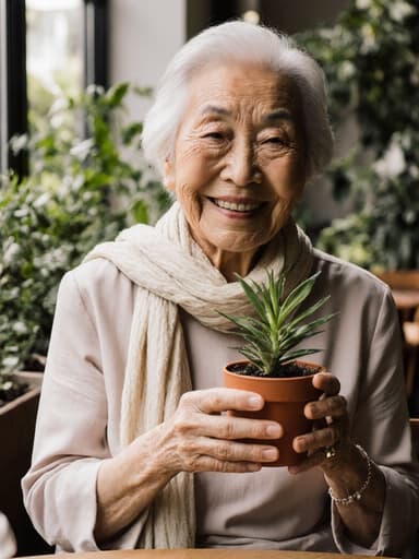 70대 아시아계 여성이 자연스러운 외모로 편안한 원피스와 가벼운 스카프를 착용하고 있는 반신 샷입니다. 그녀는 따뜻하게 미소 지으며 작은 화분을 들고 앉아 있으며, 아늑한 카페 내부와 아름다운 정원 테라스가 배경에 있습니다. 잘 가꿔진 식물들로 둘러싸인 이 장면은 행복과 자연과의 연결감을 담고 있습니다.