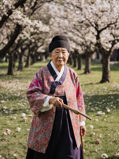 80대 동양인 여성이 화려한 전통 한복을 입고 걱정스러운 표정을 지으며 평화로운 공원에서 전통 놀이 도구를 들고 걷고 있는 전신 사진. 배경은 푸르른 나무와 꽃들로 가득 차 있어 고요한 분위기를 자아냅니다.
