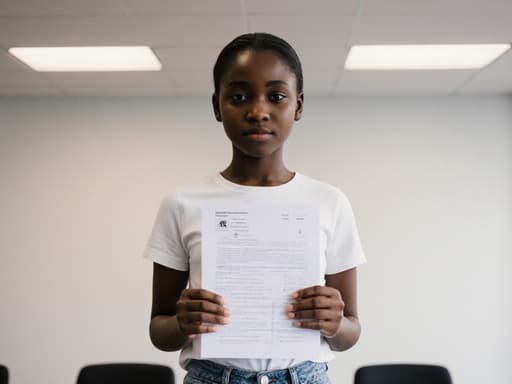 10대 초반의 아프리카계 소녀가 편안한 티셔츠와 청바지를 입고 시험지를 들고 인사하는 자세를 취하고 있으며, 밝은 조명이 비추는 깔끔한 회의실 배경을 가지고 있습니다. 그녀의 무표정은 집중과 학습에 대한 준비를 전달하고 있습니다.