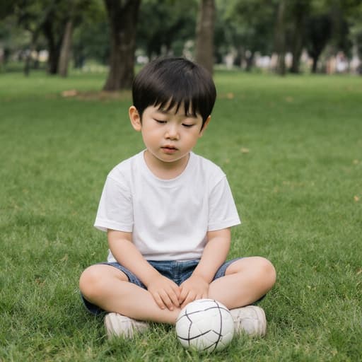 휴식을 취하고 있는 귀여운 3세 한국 남자아이의 반신 사진. 졸린 표정으로 약간 망연자실한 모습으로 공원에서 푸른 잔디에 크로스 레그로 앉아 다채로운 공을 바라보고 있다. 편안한 티셔츠와 반바지를 입고 놀기 좋은 스타일을 보여주고 있다. 배경은 푸른 잔디와 나무들이 있는 고요하고 즐거운 분위기를 자아내며, 아이의 순수함과 호기심을 잘 드러내고 있다.