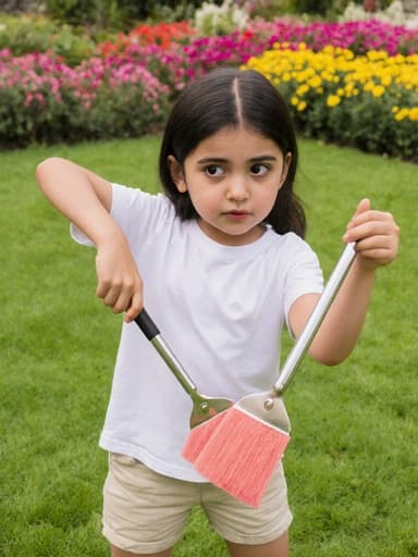 중동계 10대 초반 소녀가 편안한 티셔츠와 반바지를 입고 청소 도구를 들고 스트레칭하는 모습을 반신 촬영한 사진입니다. 약간 당황한 표정을 지으며 푸른 잔디와 화초가 있는 정원에서 자연스럽고 매력적인 분위기를 연출하고 있습니다.