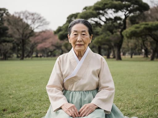 80대의 동양인 여성의 차분한 반신 샷. 전통적인 한복을 입고 있으며, 공원의 잔디 위에 앉아 치마를 살짝 잡고 있는 모습으로, 자연 속에서 평화로운 분위기를 자아내고 있습니다.