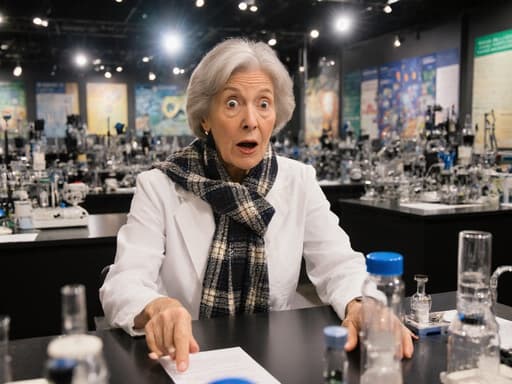 60대 혼혈 여성이 세련된 블라우스와 바지를 입고, 과학 실험복 위에 격자무늬 스카프를 두르며, 놀란 표정으로 과학 실험 기구를 가리키고 있는 반신 사진. 배경은 다양한 과학 장비와 설명 패널로 가득 찬 과학 박물관의 전시 공간으로, 매력적인 분위기를 자아냅니다.