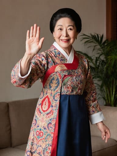 60대 아시아계 여성의 전체 모습이 담긴 사진으로, 아름다운 전통 한복을 입고 아늑한 거실에 서 있습니다. 놀란 표정을 지으며 손을 들어 춤을 추고 있는 모습으로, 배경에는 소파와 실내 식물이 있어 따뜻하고 초대하는 분위기를 연출합니다.