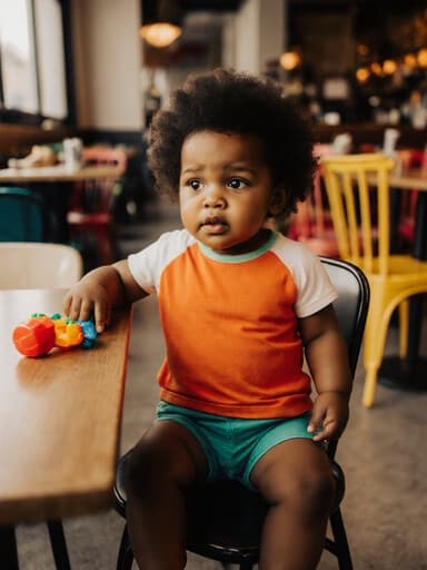 아늑한 카페에 편안하게 앉아 있는 귀여운 1세 흑인 소녀의 반신 사진입니다. 밝은 색상의 아기용 티셔츠와 반바지를 착용하고 있으며, 노래에 흥미를 잃은 듯한 지루한 표정을 짓고 있습니다. 다리를 앞으로 뻗고 있으며, 카페 테이블 위의 장난감을 가지고 놀고 있습니다. 배경에는 다양한 색상의 의자와 테이블이 배치된 아늑한 카페 내부가 있어 따뜻하고 즐거운 분위기를 자아냅니다.