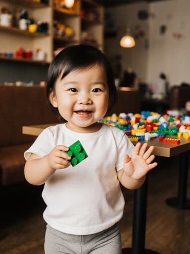 귀여운 1세 아시아계 여아가 레고 블록을 들고 활짝 웃으며 인사하는 반신 사진. 아늑한 카페 내부에 레고 조립 테이블이 배경에 있어 따뜻하고 즐거운 분위기를 연출합니다.