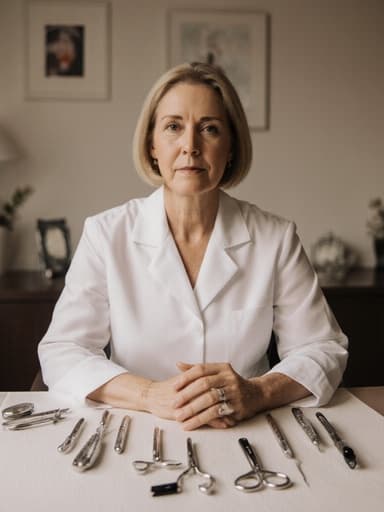 전통적인 의사복을 입은 차분한 40대 백인 여성이 테이블에 놓인 침 치료 도구를 바라보며 앉아 있는 반신 사진입니다. 아늑한 치료실이 부드럽게 조명되어 있어 평화롭고 전문적인 분위기를 더하고 있습니다.