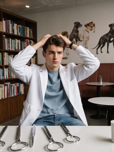 이 이미지는 병원 로비처럼 꾸며진 카페에 앉아 있는 젊은 유럽계 남성 의사를 보여줍니다. 그는 혼란스러운 표정을 지으며 머리 위로 손을 올리고, 테이블 위에 놓인 수술 도구를 긴장한 자세로 바라보고 있습니다. 주변은 동물 사진과 책들이 놓여 있어 독특하고 매력적인 분위기를 더합니다.