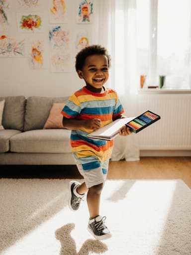 귀여운 외모의 3세 흑인 남아가 밝은 색의 티셔츠와 반바지를 입고 색연필과 스케치북을 들고 행복하게 달려가는 모습의 전신 사진. 화사하게 꾸며진 거실에 아이의 그림들이 벽에 걸려 있고, 햇살이 비추는 따뜻한 분위기 속에서 창의성이 느껴지는 장면.