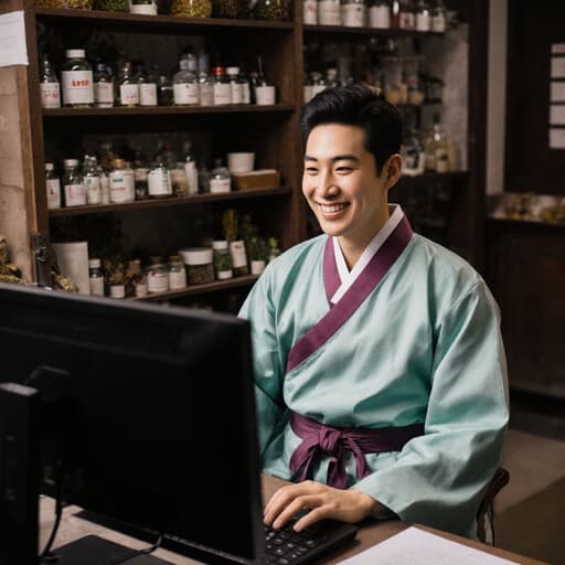 30대 혼혈 남성이 한복 스타일의 의사 가운을 입고 밝게 웃으며 컴퓨터 화면을 주의 깊게 바라보는 반신 사진입니다. 배경은 정리된 한약재와 도구로 가득한 전통 한약 조제실로, 따뜻하고 매력적인 분위기를 만들어냅니다.