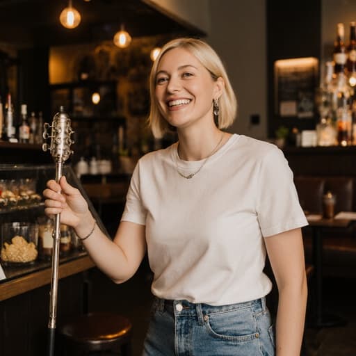 30대 유럽계 여성이 편안한 티셔츠와 청바지를 입고 세련된 액세서리로 꾸민 모습으로, 아늑한 카페의 따뜻한 조명 아래에서 가벼운 악기를 들고 미소를 지으며 연주할 준비를 하고 있습니다. 카페의 아늑한 분위기가 장면을 한층 돋보이게 합니다.