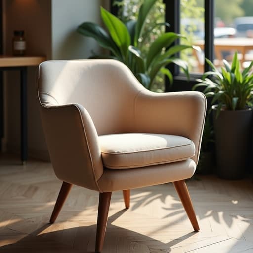 고급 레스토랑 테라스에 있는 우아한 인테리어 의자와 야외 식물, 따뜻하고 초대하는 분위기.