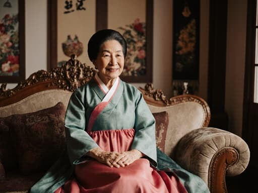 80대 혼혈 여성의 반신상 샷, 전통 한복을 입고 아늑한 거실의 소파에 앉아 있습니다. 그녀는 무릎 위에 손을 얹고 고마운 표정을 짓고 있으며, 따뜻한 미소가 포근한 분위기를 자아냅니다. 전통 장식이 있는 배경이 아늑한 분위기를 강조합니다.