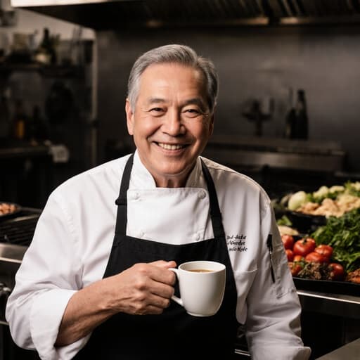 50대 혼혈 남성이 흰색 셔츠와 검은색 조리복을 입고 행복하게 미소 지으며 커피 잔을 한 손에 들고 살짝 기울이고 있는 반신 샷입니다. 배경에는 그릴과 다양한 요리 재료가 있는 주방이 보이며, 생기 넘치는 요리 분위기를 만들어냅니다.