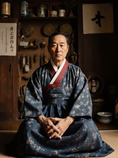 60대 혼혈 남성이 간단한 패턴의 전통 한복을 입고 있는 반신 촬영. 그는 크로스 레그로 앉아 손은 무릎 위에 올려놓고 있으며, 진지한 표정으로 고민하는 듯한 감정을 표현하고 있습니다. 배경에는 전통 한의학 도구와 한약재가 있는 따뜻한 치료실이 있어 문화적이고 치유의 주제를 강조하고 있습니다.