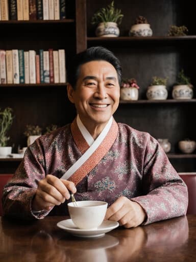 전통 한복을 입고 행복한 표정을 짓고 있는 중년의 라틴계 남성이 카페 테이블에 앉아 차를 마시며 대화하는 모습의 반신 사진입니다. 배경은 한의원 분위기를 담은 아늑한 카페로, 한방 서적과 약재들이 놓여 있어 따뜻하고 편안한 분위기를 자아냅니다.