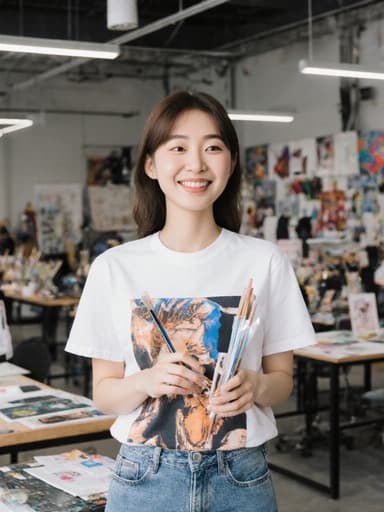 자연스러운 외모를 가진 10대 후반 한국인 여성이 현대적인 디자인 스튜디오에서 스타일리시한 티셔츠와 청바지를 입고 서 있습니다. 그녀는 디자인 도구를 들고 활기차고 행복한 표정을 지으며, 창의적인 디자인으로 가득한 배경 속에서 혁신과 흥분의 감정을 자아냅니다.