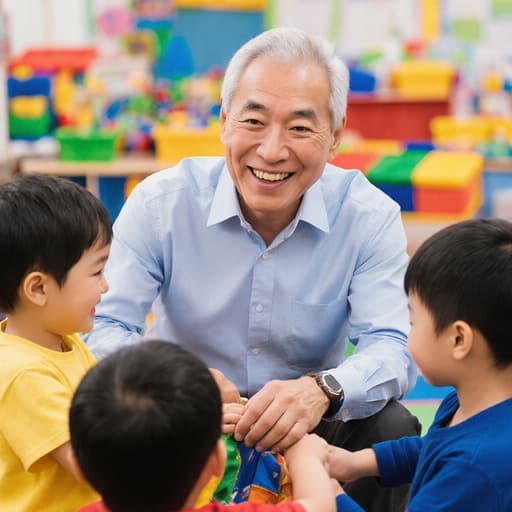 친근한 외모의 60대 동양인 남성이 깔끔한 셔츠와 편안한 바지를 입고 반신 촬영된 모습입니다. 그는 교사의 전문성을 발휘하며, 아이들과 함께 즐겁게 대화하고 있으며, 아이들에게 색색의 옷을 입히는 따뜻한 미소를 지으며 행복한 표정을 짓고 있습니다. 배경은 다채로운 장난감과 교육 자료로 가득한 유치원 놀이 공간으로, 장면의 즐거운 분위기를 더욱 강조하고 있습니다.