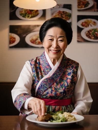 따뜻한 조명이 비추고 전통 음식 사진으로 장식된 아늑한 카페의 작은 테이블 위에서 재료를 준비하며 기쁜 표정을 짓고 있는, 화려한 전통 한복을 입은 70대 혼혈 여성의 반신 사진.