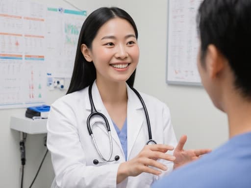 20대 아시아계 여성 의사가 의사 가운과 청진기를 착용하고 밝게 웃으며 환자에게 설명하고 있는 모습이 보이는 깨끗한 의료 검사실의 이미지입니다. 의료기기와 차트가 배경에 있습니다.
