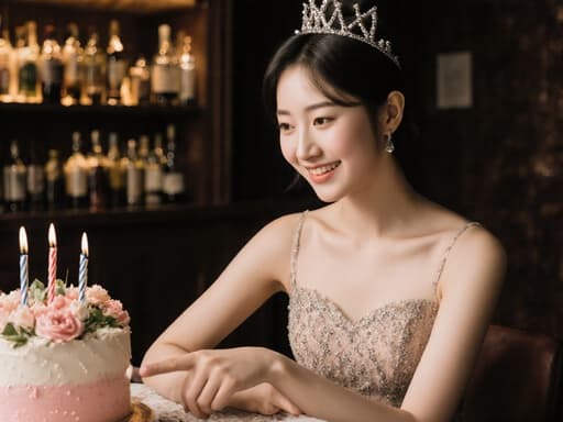 세련된 생일 드레스를 입은 10대 초반 한국 소녀가 생일 케이크를 바라보며 세련된 미소를 지으며 기쁜 기분으로 테이블에 앉아 있는 반신 촬영. 배경은 세련된 바 분위기로 장식된 생일 파티 공간으로, 축제의 분위기를 한층 고조시킨다.
