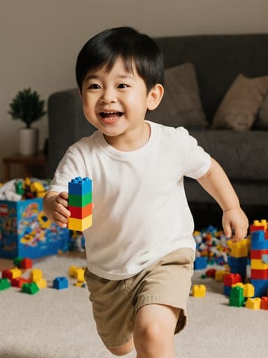 아늑한 거실에서 다양한 장난감과 레고 세트가 놓여진 가운데, 편안한 티셔츠와 반바지를 입고 즐겁게 달리고 있는 3세 한국인 남자아이의 모습입니다. 그의 순수한 미소는 행복을 나타내며, 레고 블록을 들고 창의력과 재미를 발산하고 있습니다.