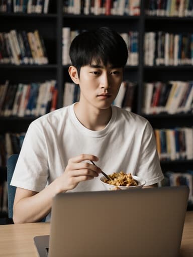 10대 초반의 아시아계 남성이 편안한 티셔츠와 청바지를 입고 현대적인 도서관에서 노트북 앞에 앉아 있습니다. 그는 한 손에 음식을 들고 지루한 표정을 지으며 눈썹을 찌푸리고 있으며, 주변에는 책들이 정돈되어 있어 캐주얼한 라이프스타일과 학문적인 환경이 조화를 이루고 있습니다.