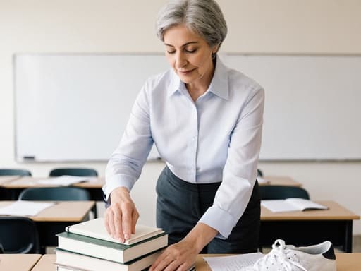 세련된 중동계 50대 여성이 깔끔한 블라우스와 정장 하의를 입고, 정돈된 교실에서 교과서를 정리하며 청소하는 모습입니다. 배경에는 화이트보드와 책상이 있어 교육적인 분위기를 자아내며, 부드럽고 자연스러운 조명이 그녀의 세련된 표정을 강조합니다.