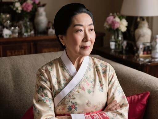 전통 한복을 착용한 60대 아시아계 여성의 반신 샷. 소파에 팔짱을 낀 자세로 무관심한 표정을 짓고 있으며, 배경은 결혼식 장식으로 꾸며진 아늑한 거실입니다. 그녀의 표정과 축제 분위기 간의 흥미로운 대조를 만들어냅니다.
