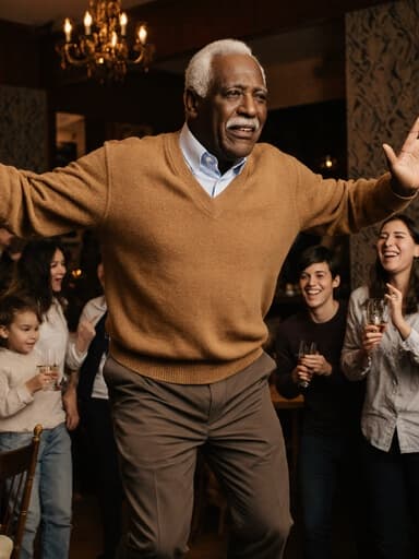70세의 흑인 남성이 편안한 옷과 따뜻한 스웨터를 입고 아늑한 카페에서 가족과 함께 점프하고 있는 모습이 전체 샷으로 촬영되었습니다. 그는 가족 축하 자리에서 걱정스러운 표정을 지으며, 주위의 가족들이 그를 둘러싸고 있어 축제 같은 분위기를 연출하고 있습니다.