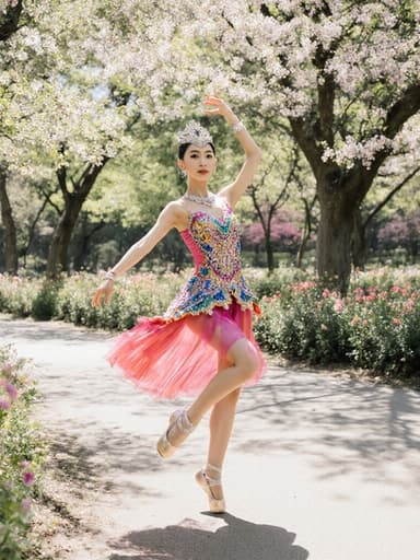 20대 한국인 여성의 전신 사진으로, 자연스러운 아름다움을 뽐내고 있습니다. 그녀는 화려한 무용복을 입고 있으며, 반짝이는 액세서리로 고급스러움을 더하고 있습니다. 모델은 한쪽 발을 살짝 들어 올리며 우아하게 춤을 추고 있는 모습으로, 자신감 넘치는 분위기를 자아냅니다. 배경은 햇살이 비치는 공원으로, 나무와 꽃들이 어우러져 평화로운 풍경을 이루고 있습니다. 전체적인 미적 감각과 우아함, 고요함이 잘 드러나는 장면입니다.