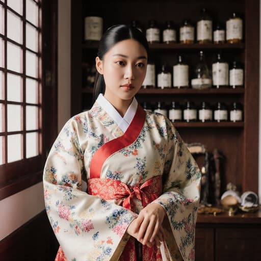 이 이미지는 전통 한복을 입고 자신감 넘치는 아프리카계 10대 소녀가 의상과 상호작용하며 서 있는 모습으로, 아늑한 한의원 내부에서 약재와 전통 도구가 가득하여 문화적 자부심과 우아함을 불러일으킵니다.